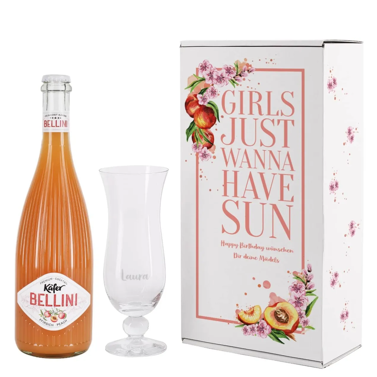 Sommerliches Pfirsichlikör-Set für Frauen mit Cocktailglas und Name