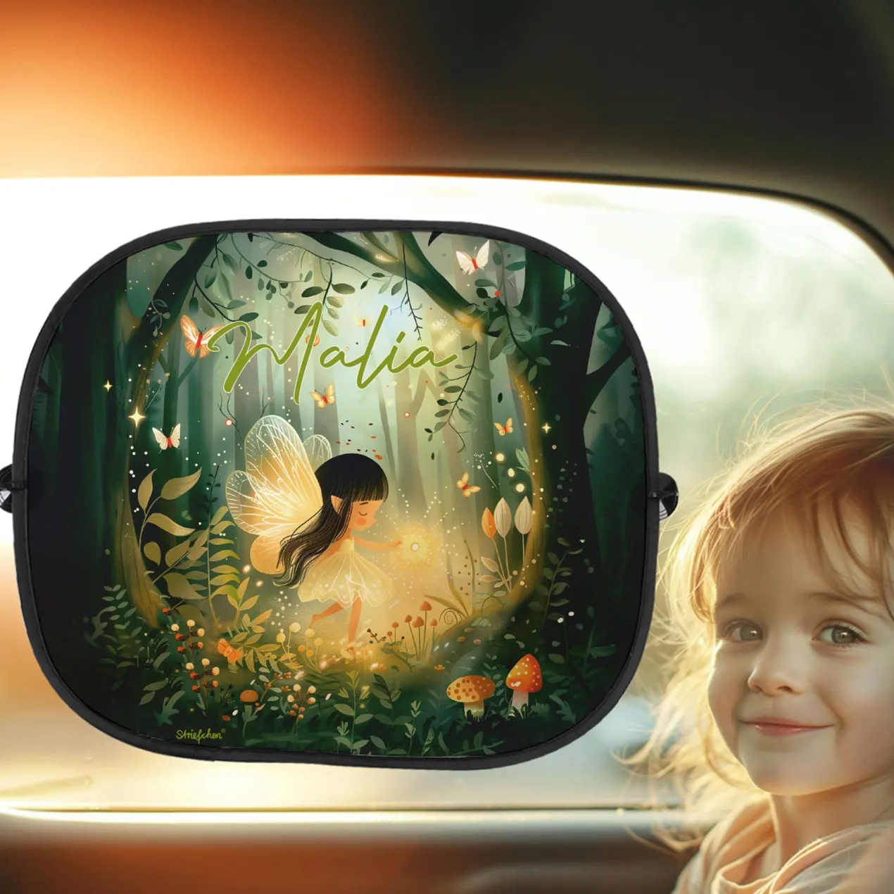 Sonnenschutz für das Autofenster mit mystischer Waldfee und Name bedruckt