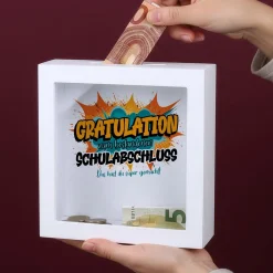 Spardose als Geldgeschenk zu Schulabschluss, Abitur, Bachelor, Master, Prüfung & Führerschein