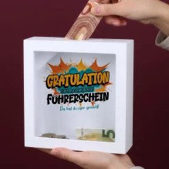 Spardose als Geldgeschenk zu Schulabschluss, Abitur, Bachelor, Master, Prüfung & Führerschein