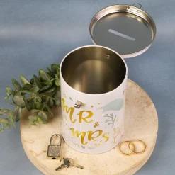 Spardose aus Metall zur Hochzeit - Mr. & Mrs. mit Hochzeitsmotiven, Schloss und Schlüssel