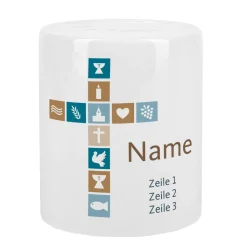 Spardose für Jungen zur Kommunion, Konfirmation oder Taufe mit Kreuz, Name und Wunschtext
