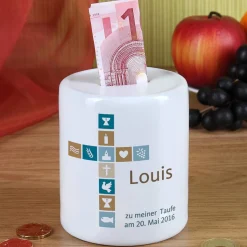 Spardose für Jungen zur Kommunion, Konfirmation oder Taufe mit Kreuz, Name und Wunschtext