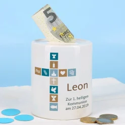 Spardose für Jungen zur Kommunion, Konfirmation oder Taufe mit Kreuz, Name und Wunschtext