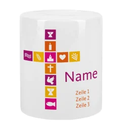 Spardose für Mädchen zur Taufe, Kommunion, Konfirmation mit Kreuz, Name und Wunschtext