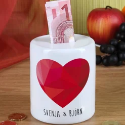 Spardose mit polygonalem Herz und Wunschnamen - Geschenk für Paare -