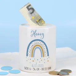 Spardose mit Regenbogen zur Geburt von Jungen