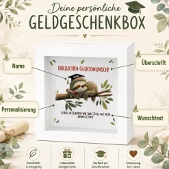 Spardose zum Abschluss als Bilderrahmen mit Faultier | Personalisiertes Geldgeschenk für Abi & Abitur