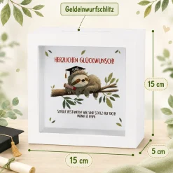 Spardose zum Abschluss als Bilderrahmen mit Faultier | Personalisiertes Geldgeschenk für Abi & Abitur