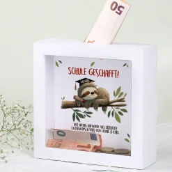 Spardose zum Abschluss als Bilderrahmen mit Faultier | Personalisiertes Geldgeschenk für Abi & Abitur