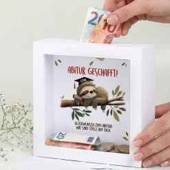 Spardose zum Abschluss als Bilderrahmen mit Faultier | Personalisiertes Geldgeschenk für Abi & Abitur