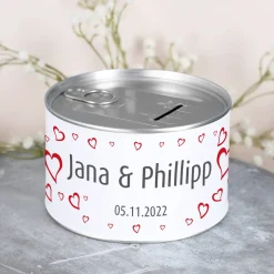 Spardose zur Hochzeit mit Herzen, Namen und Datum