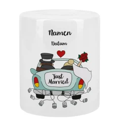 Spardose zur Hochzeit mit Hochzeitsauto als Motiv, Namen und Datum