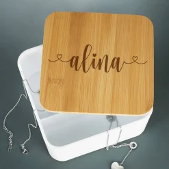 Spiegeldose mit gravierten Bambusdeckel und Name
