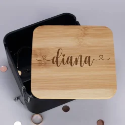 Spiegeldose mit gravierten Bambusdeckel und Name