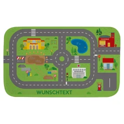 Spielteppich für unterwegs - Stadt mit Baustelle und Wunschtext 76x45cm