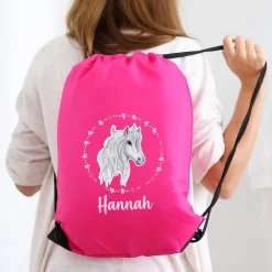 Sportbeutel mit Pferd, Blüten und Name