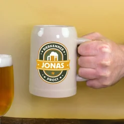 Steingut Bierkrug 'Bierkenner' personalisiert mit Name | Keramik Bierglas 0,5 oder 1 Liter