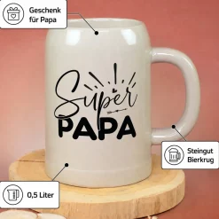 Steingut Bierkrug 'Super Papa' als Geschenk für Väter | Keramik Bierglas 0,5 oder 1 Liter