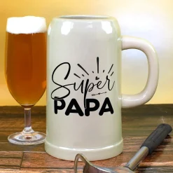 Steingut Bierkrug 'Super Papa' als Geschenk für Väter | Keramik Bierglas 0,5 oder 1 Liter