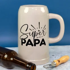 Steingut Bierkrug 'Super Papa' als Geschenk für Väter | Keramik Bierglas 0,5 oder 1 Liter