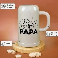 Steingut Bierkrug 'Super Papa' als Geschenk für Väter | Keramik Bierglas 0,5 oder 1 Liter