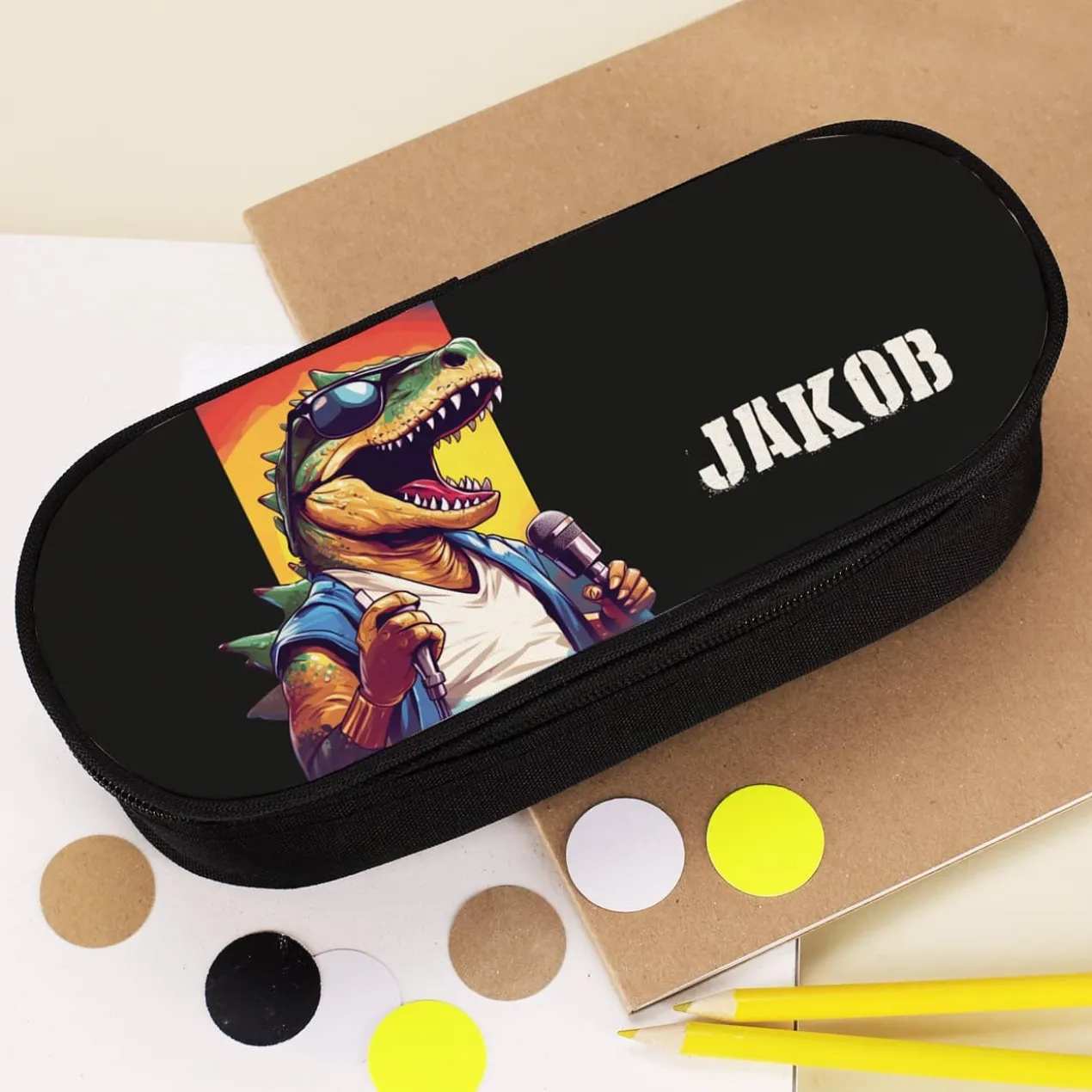 Stiftebox mit coolen Dinosauriern und Name
