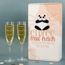 Stress lass nach Box mit zwei gravierten Sektgläsern - Guter Tag Schlechter Tag -