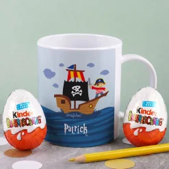 Tasse aus bruchfesten Kunststoff mit Piratenschiff und Name | Geschenk für Kinder & Einschulung