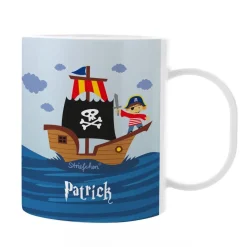 Tasse aus bruchfesten Kunststoff mit Piratenschiff und Name | Geschenk für Kinder & Einschulung