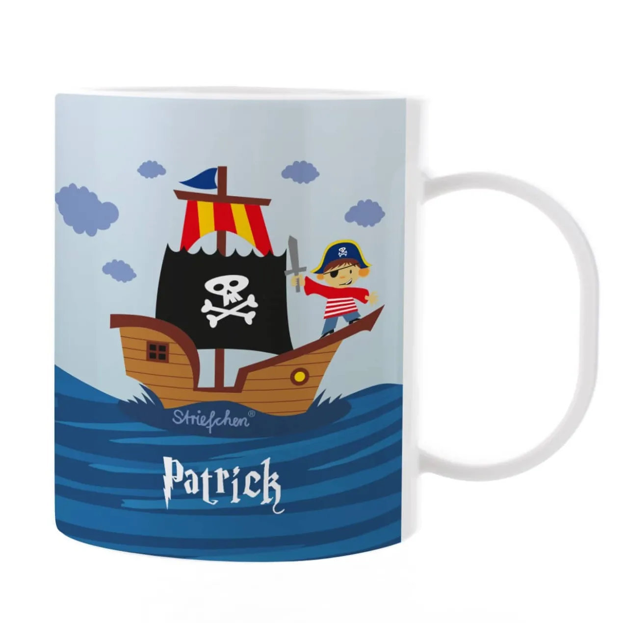 Tasse aus bruchfesten Kunststoff mit Piratenschiff und Name | Geschenk für Kinder & Einschulung