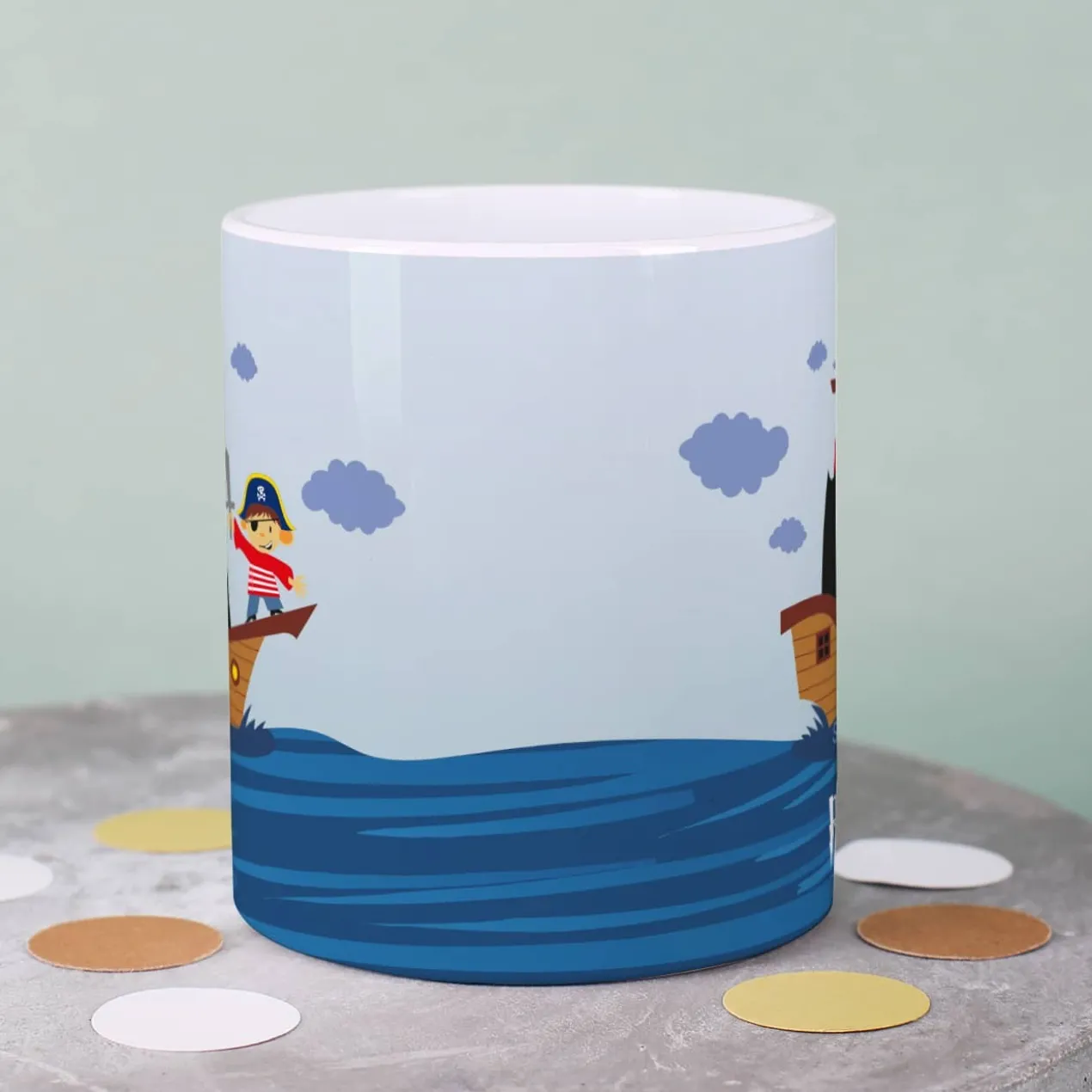 Tasse aus bruchfesten Kunststoff mit Piratenschiff und Name | Geschenk für Kinder & Einschulung