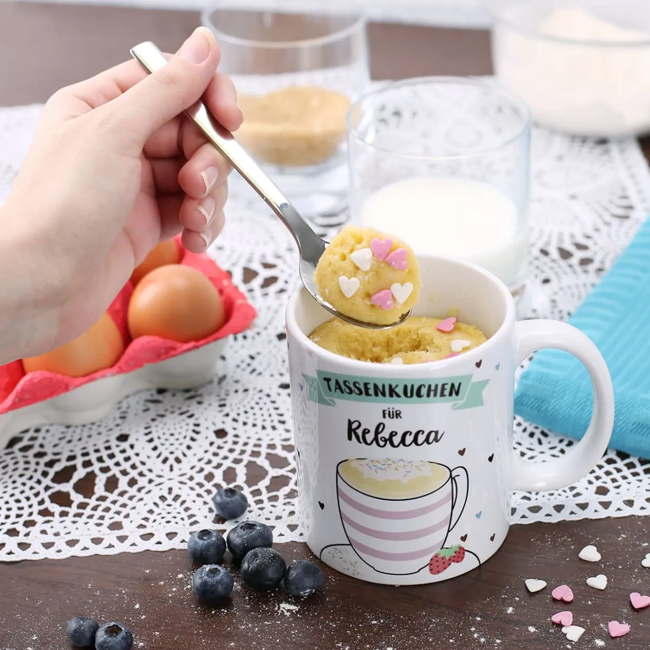 Tasse bedruckt mit Tassenkuchen Rezept und Name