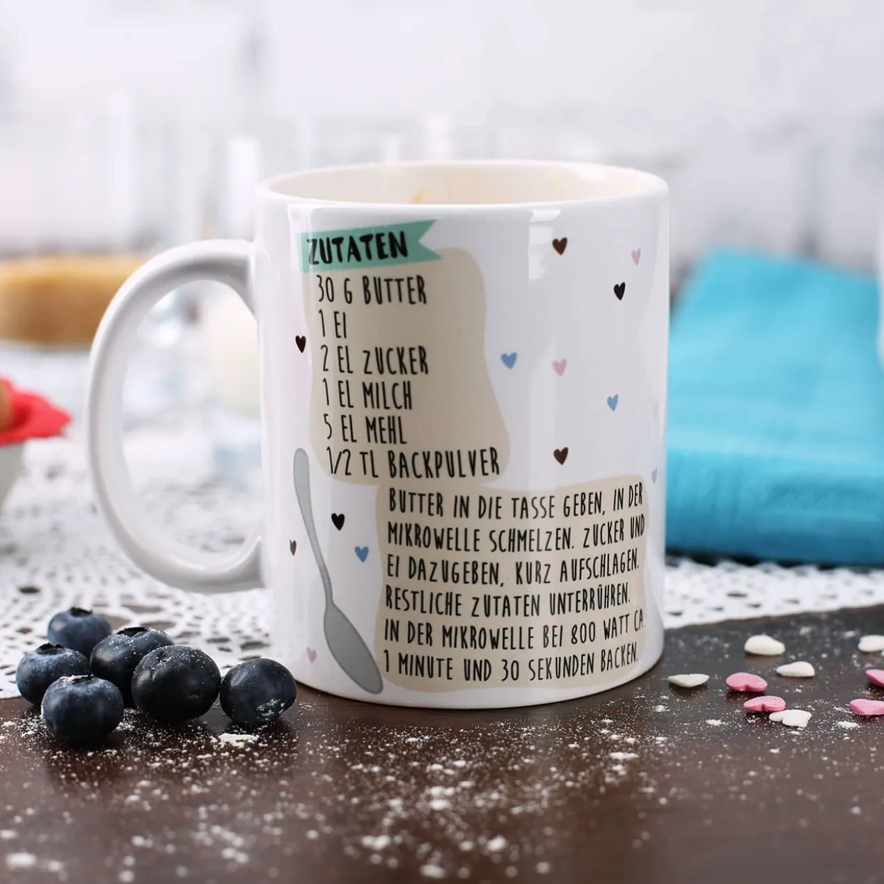 Tasse bedruckt mit Tassenkuchen Rezept und Name