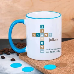 Tasse für Jungen zur Kommunion, Konfirmation oder Taufe mit Kreuz, Name und Wunschtext