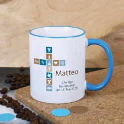 Tasse für Jungen zur Kommunion, Konfirmation oder Taufe mit Kreuz, Name und Wunschtext
