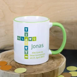 Tasse für kirchliche Anlässe mit Kreuz und Name