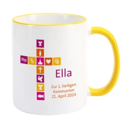 Tasse für Mädchen zu religiösem Anlass mit buntem Kreuz, Name und Wunschtext