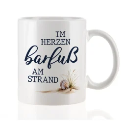 Tasse 'Im Herzen barfuß am Strand' | Keramiktasse mit Fernweh-Spruch | 300 ml