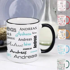 Tasse mit Ihrem Namen in verschiedenen Schriftarten und Farben