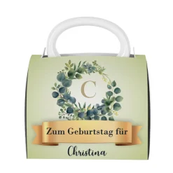 Tasse mit Name & Monogramm in Tassentasche mit Eukalyptus-Motiv