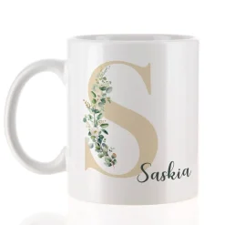 Tasse mit Name & Monogramm in Tassentasche mit Eukalyptus-Motiv