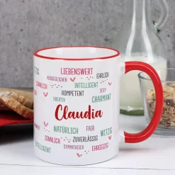 Tasse mit positiven Eigenschaften und Name bedruckt, rot