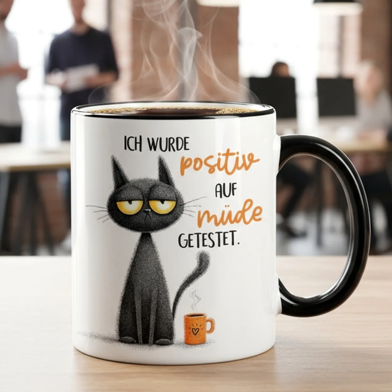 Tasse mit Spruch 'Positiv auf müde getestet' | Keramiktasse mit schwarzem Henkel & Rand