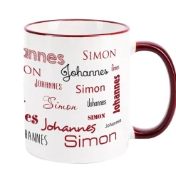 Tasse mit zwei Namen in verschiedenen Schriftarten