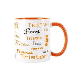 Tasse mit zwei Namen in verschiedenen Schriftarten