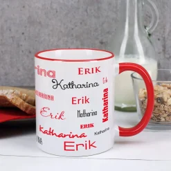 Tasse mit zwei Namen in verschiedenen Schriftarten
