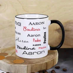 Tasse mit zwei Namen in verschiedenen Schriftarten