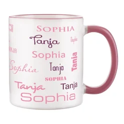 Tasse mit zwei Namen in verschiedenen Schriftarten