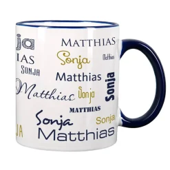 Tasse mit zwei Namen in verschiedenen Schriftarten